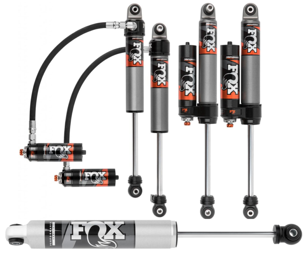 Fox Performance Elite Series 4.5-6 Front-Rear Lift Shocks and IFP Steering Stabilizer for 2018-2022 Jeep Wrangler JL 2WD-4WD 2.5 Reservoir Compression Adjustable