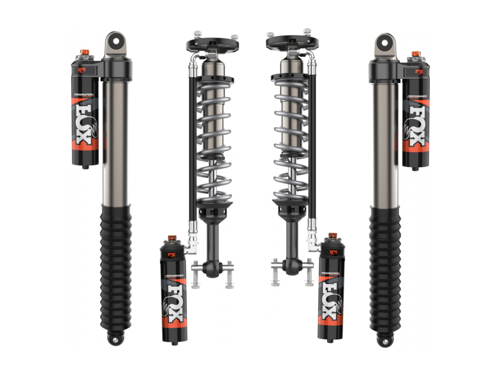 Fox 2.5 Perf Elite Series 1.5-2 Front Lift Reservoir Adjustable Coilovers and 0-1 Rear Lift Reservoir Adjustable Shocks for 2021-2024 Ford F-150 RWD