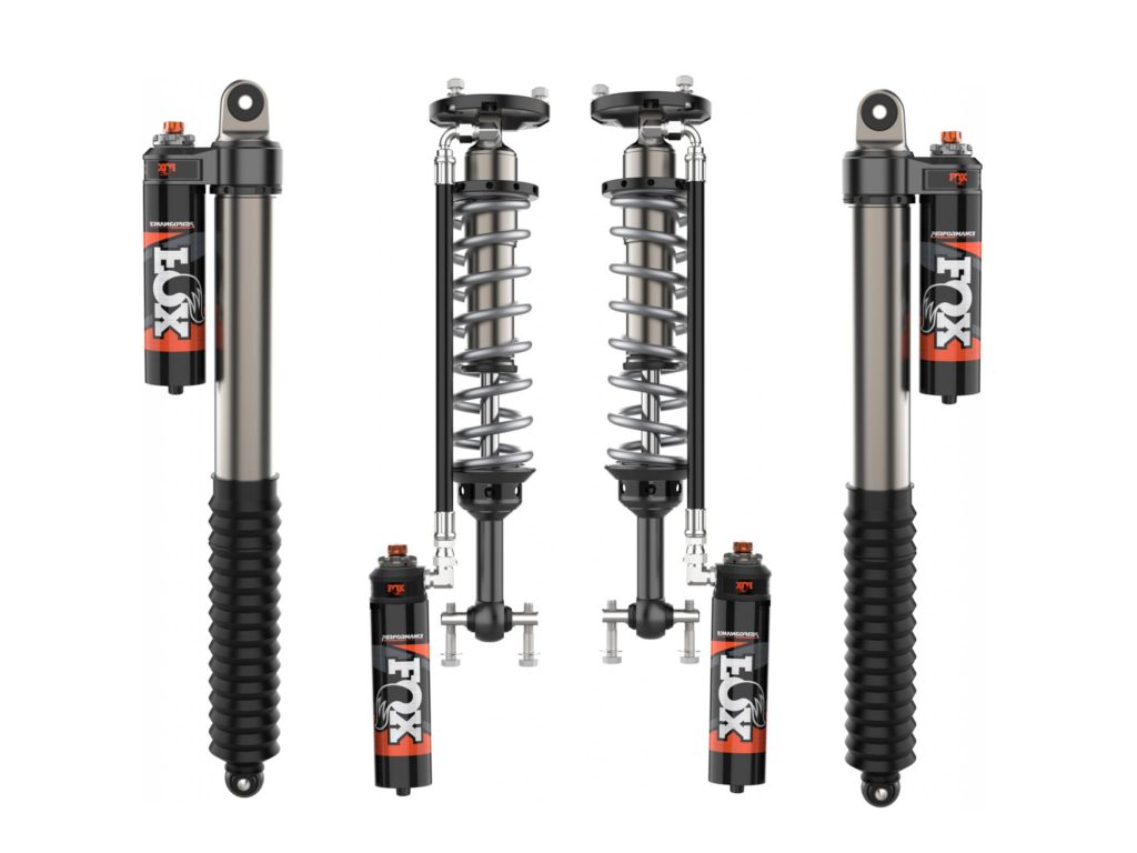 Fox 2.5 Perf Elite Series 2 Front Lift Reservoir Adjustable Coilovers and 0-1 Rear Lift Reservoir Adjustable Shocks for 2021-2024 Ford F-150 4WD