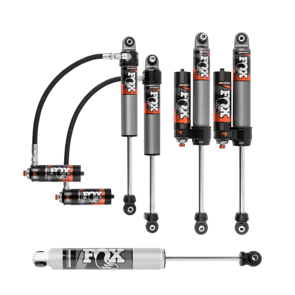 Fox Performance Elite Series 2-3 Front-Rear Lift Shocks and IFP Steering Stabilizer for 2018-2022 Jeep Wrangler JL 2WD-4WD 2.5 Reservoir Compression Adjustable