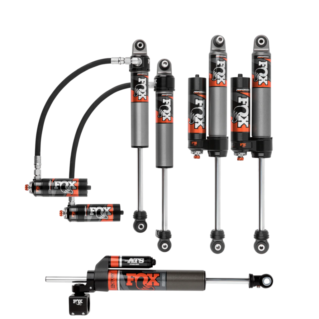 Fox 2.5 Perf Elite Series 4.5-6 Front Rear Lift Shocks with 2.0 ATS Steering Stabilizer for 2007-2018 Jeep Wrangler JK 2WD-4WD