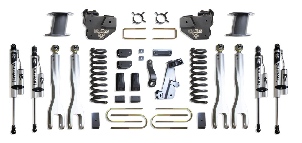 MaxTrac 8" Lift Kit with 4-Links and Vulcan Reservoir Shocks for Factory Rear Air Ride for 2013-2018 RAM 3500 Diesel-K947385VRLA